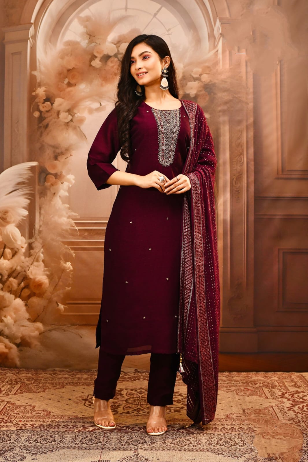 Shree Shanti Selection - Maroon Festive Straight Kurta Set